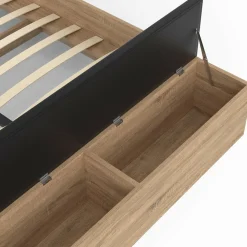 Lit 2 personnes sommier 140x190 cm avec tête de lit et banc coffre bois et noir*IDMarket