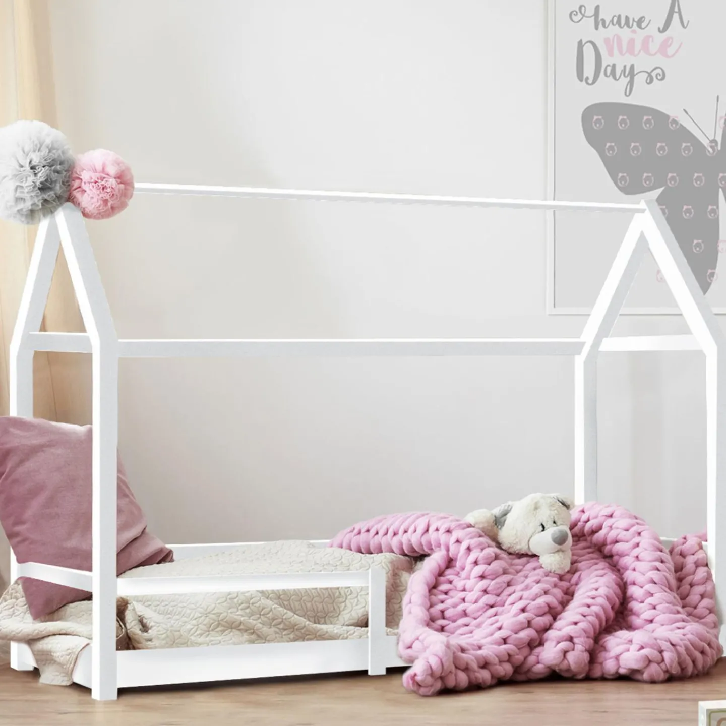 Lit cabane enfant blanc 90 x 190 cm style scandinave*IDMarket