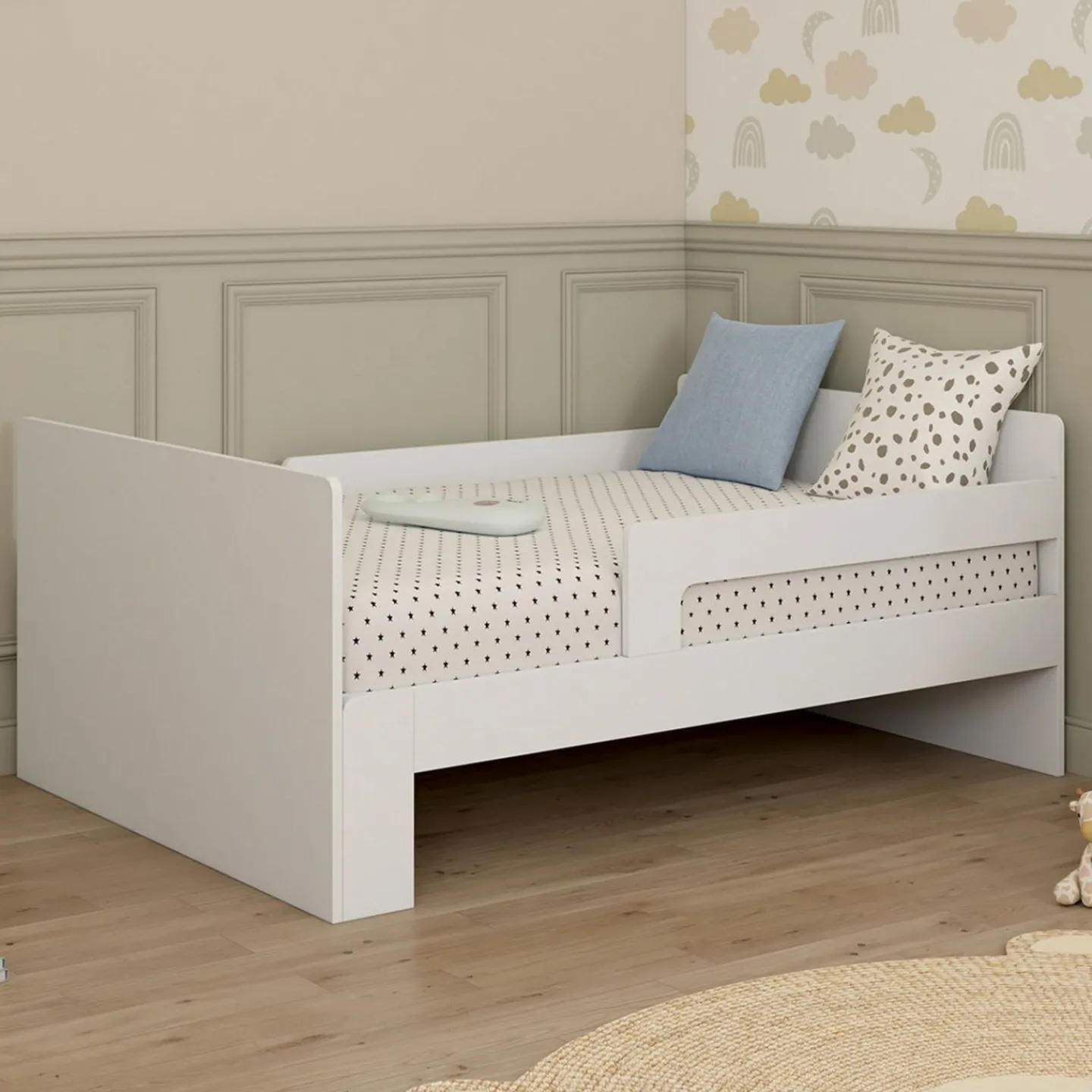 Lit simple évolutif 90 x 140/190 cm avec sommier et barrières bois blanc*IDMarket Online
