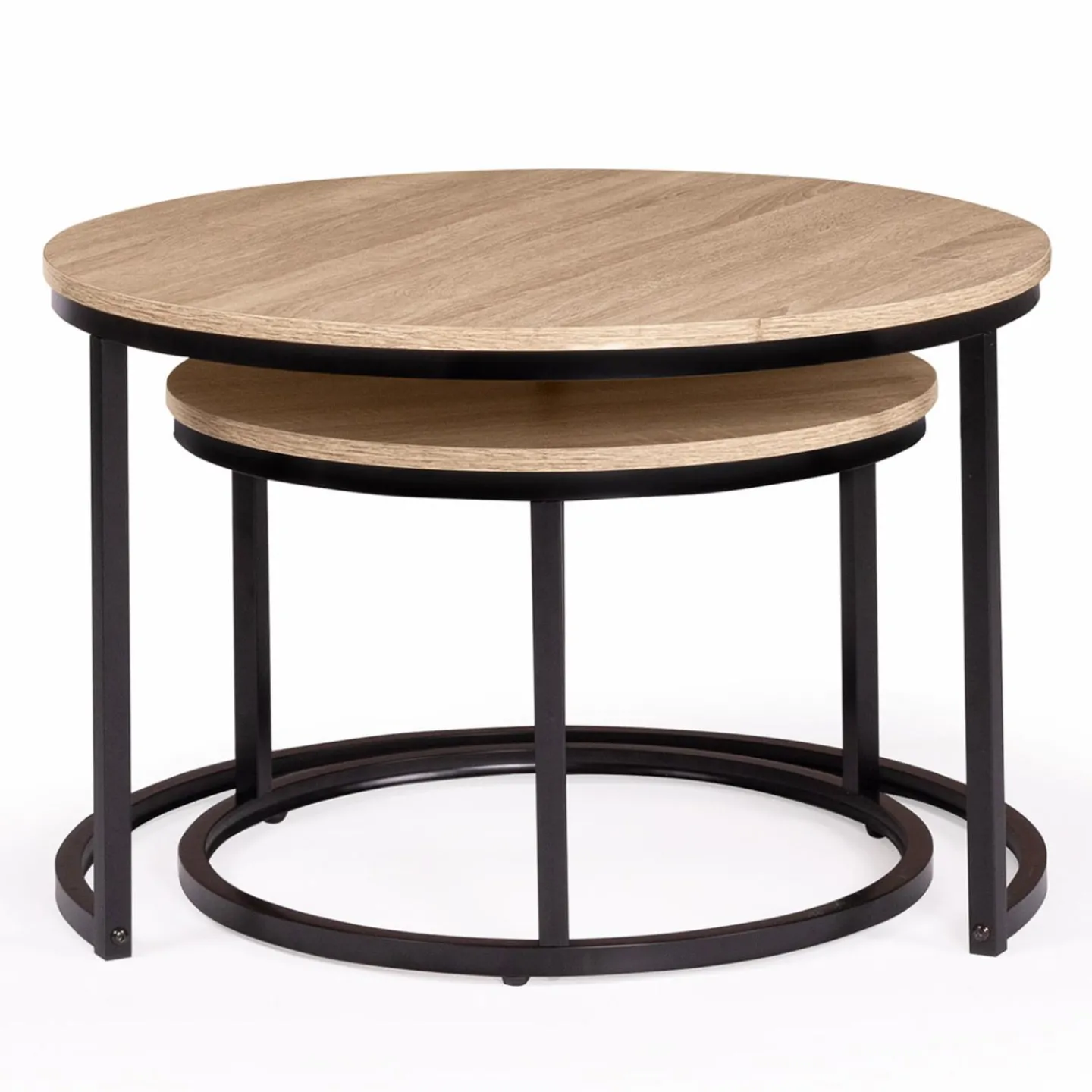 Lot 2 tables basses gigognes rondes bois métal industrielles*IDMarket Outlet