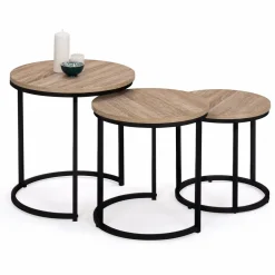Lot 3 tables basses gigognes rondes bois métal industrielles 35/40/45 cm*IDMarket Online