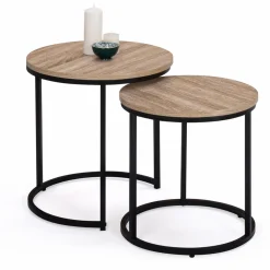 Lot 2 tables basses gigognes rondes bois métal industrielles 40/45 cm*IDMarket Best