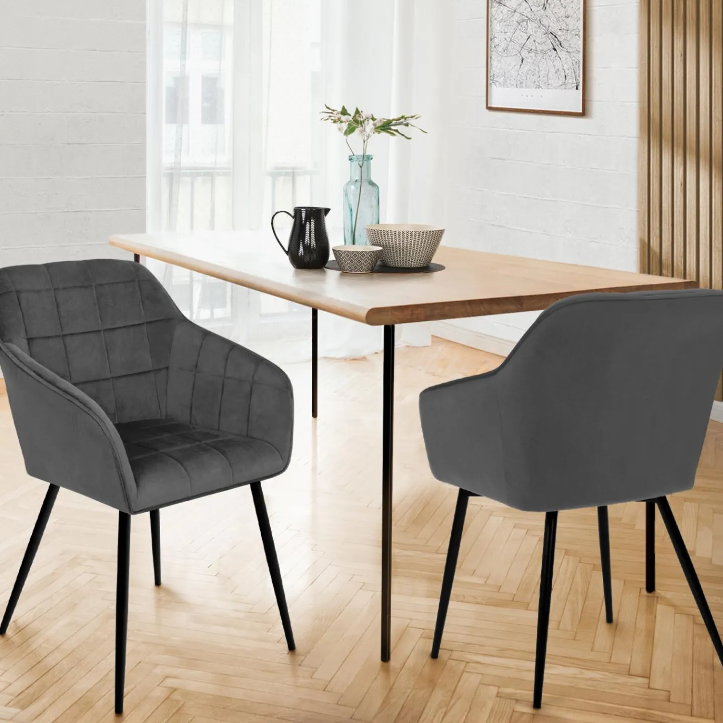Lot de 2 chaises en velours gris avec accoudoirs*IDMarket New