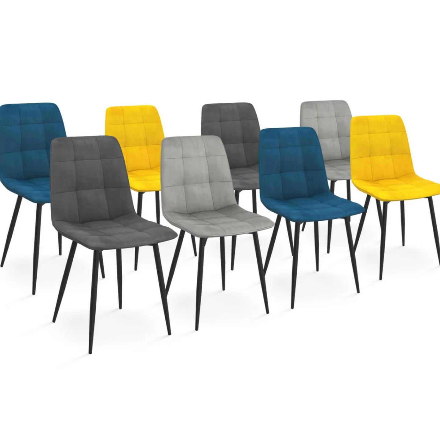Lot de 8 chaises modernes en velours mix color bleu x2, gris foncé x2, gris clair x2, jaune x2 pieds métal noir*IDMarket Clearance