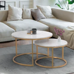 Lot de 2 tables basses gigognes rondes effet marbre et doré*IDMarket New