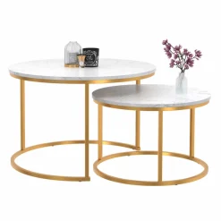 Lot de 2 tables basses gigognes rondes effet marbre et doré*IDMarket New