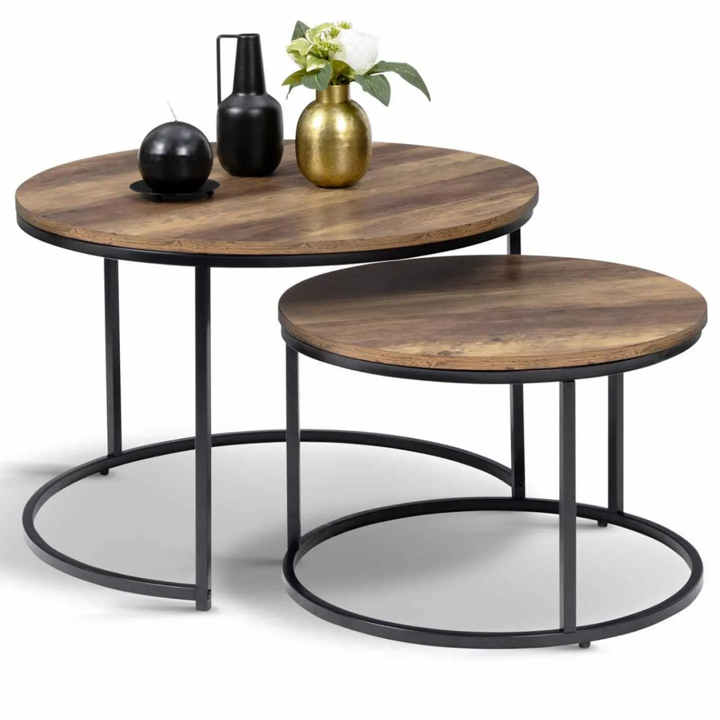 Lot de 2 tables basses gigognes rondes bois foncé et métal*IDMarket Best