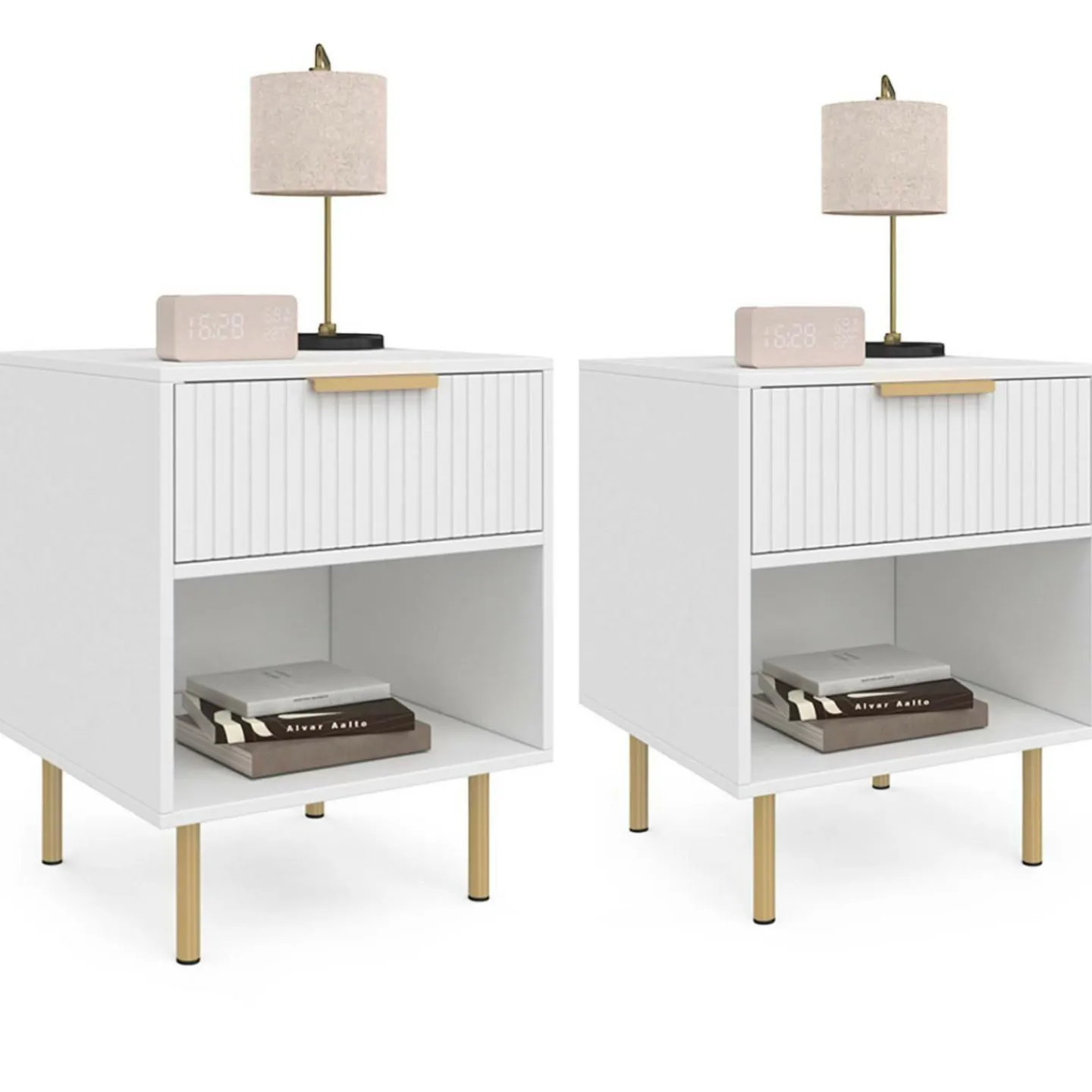 Lot de 2 tables de chevet bois blanc avec 1 tiroir lattes tasseau, une niche et pieds doré*IDMarket Clearance