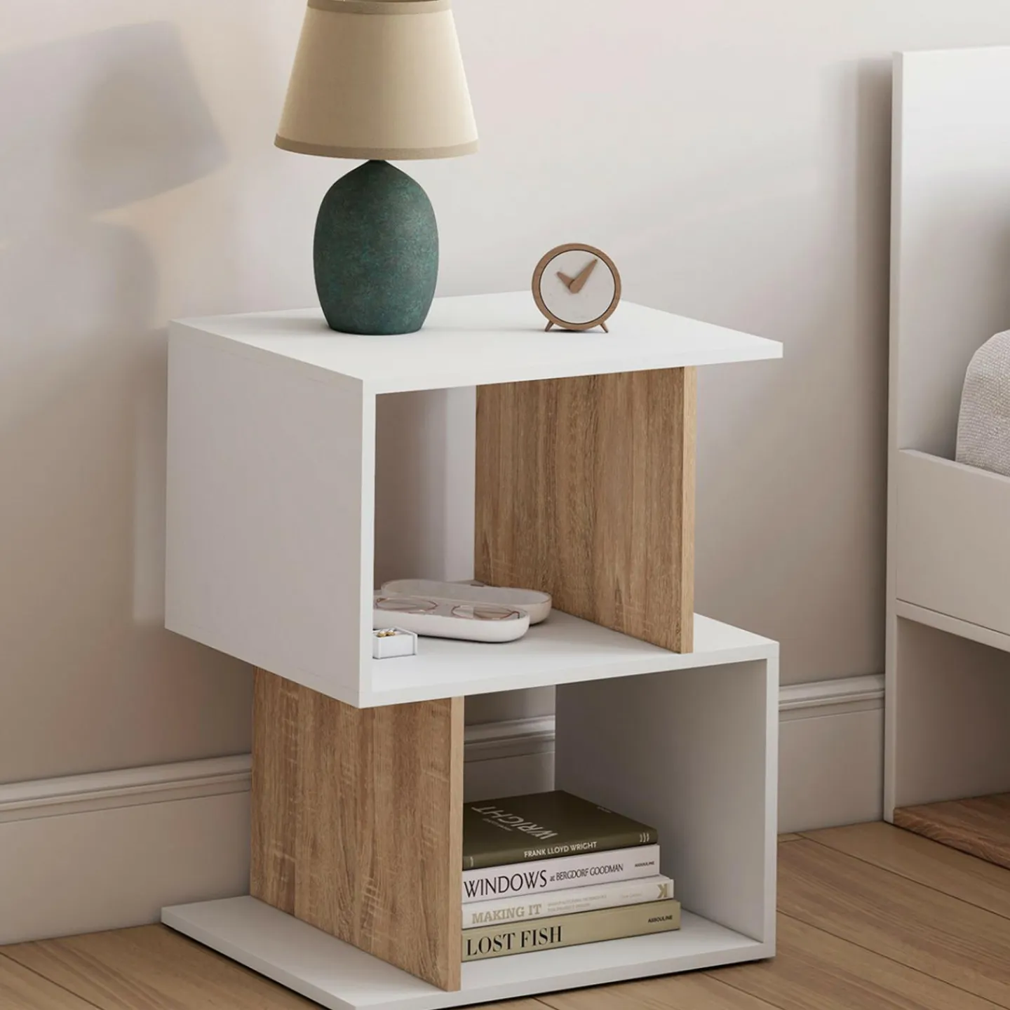 Lot de 2 tables de chevet forme S avec rangements ouverts blanc et effet hêtre*IDMarket