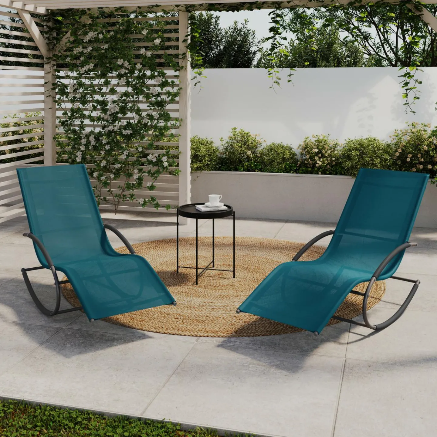 Lot de 2 transats de jardin à bascule gris anthracite et toile bleu canard*IDMarket