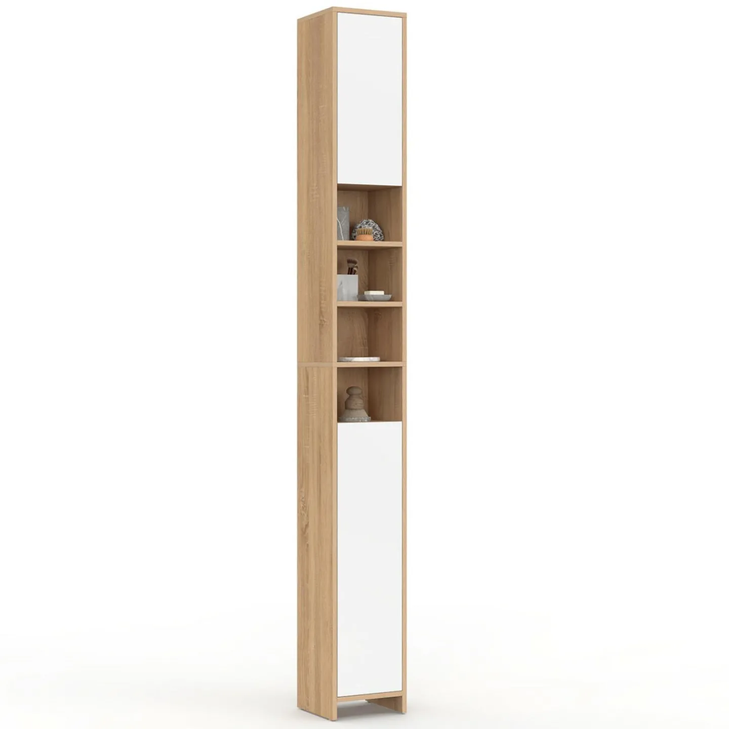 Meuble colonne salle de bain 2 portes 4 niches façon hêtre et blanc*IDMarket Hot