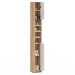 Meuble colonne salle de bain 2 portes 4 niches façon hêtre et blanc*IDMarket Hot