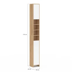 Meuble colonne salle de bain 2 portes 4 niches façon hêtre et blanc*IDMarket Hot