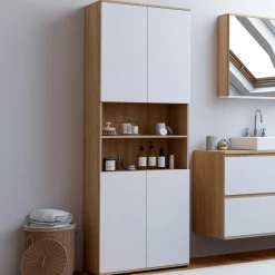 Meuble colonne salle de bain 4 portes 2 niches façon hêtre et blanc*IDMarket New