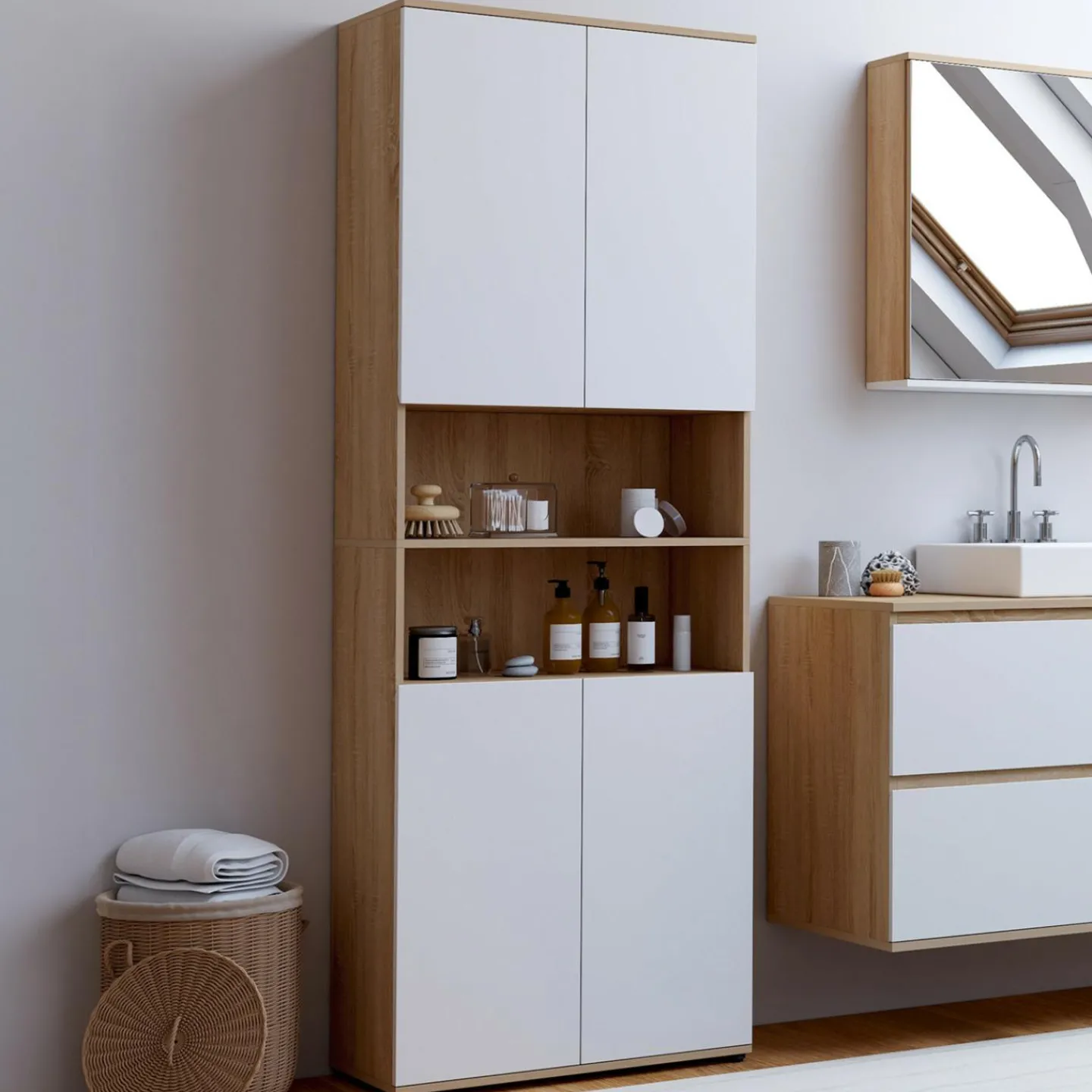 Meuble colonne salle de bain 4 portes 2 niches façon hêtre et blanc*IDMarket New