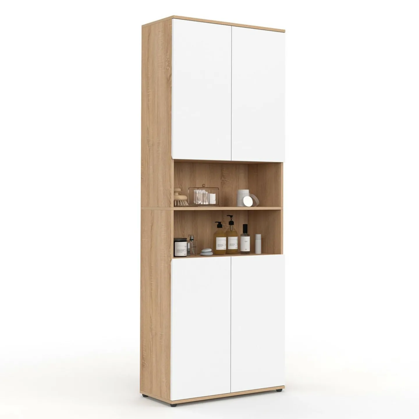Meuble colonne salle de bain 4 portes 2 niches façon hêtre et blanc*IDMarket New