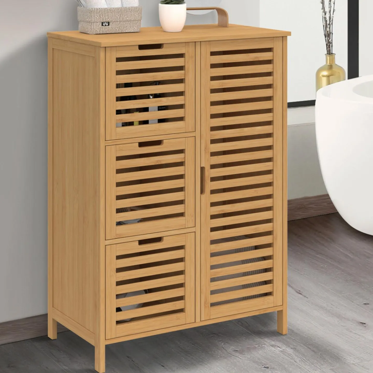 Meuble salle de bain en bambou avec placard et 3 tiroirs*IDMarket Hot