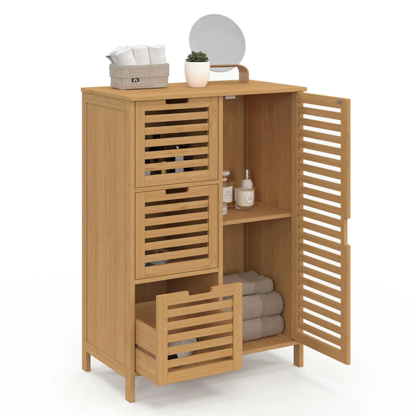 Meuble salle de bain en bambou avec placard et 3 tiroirs*IDMarket Hot