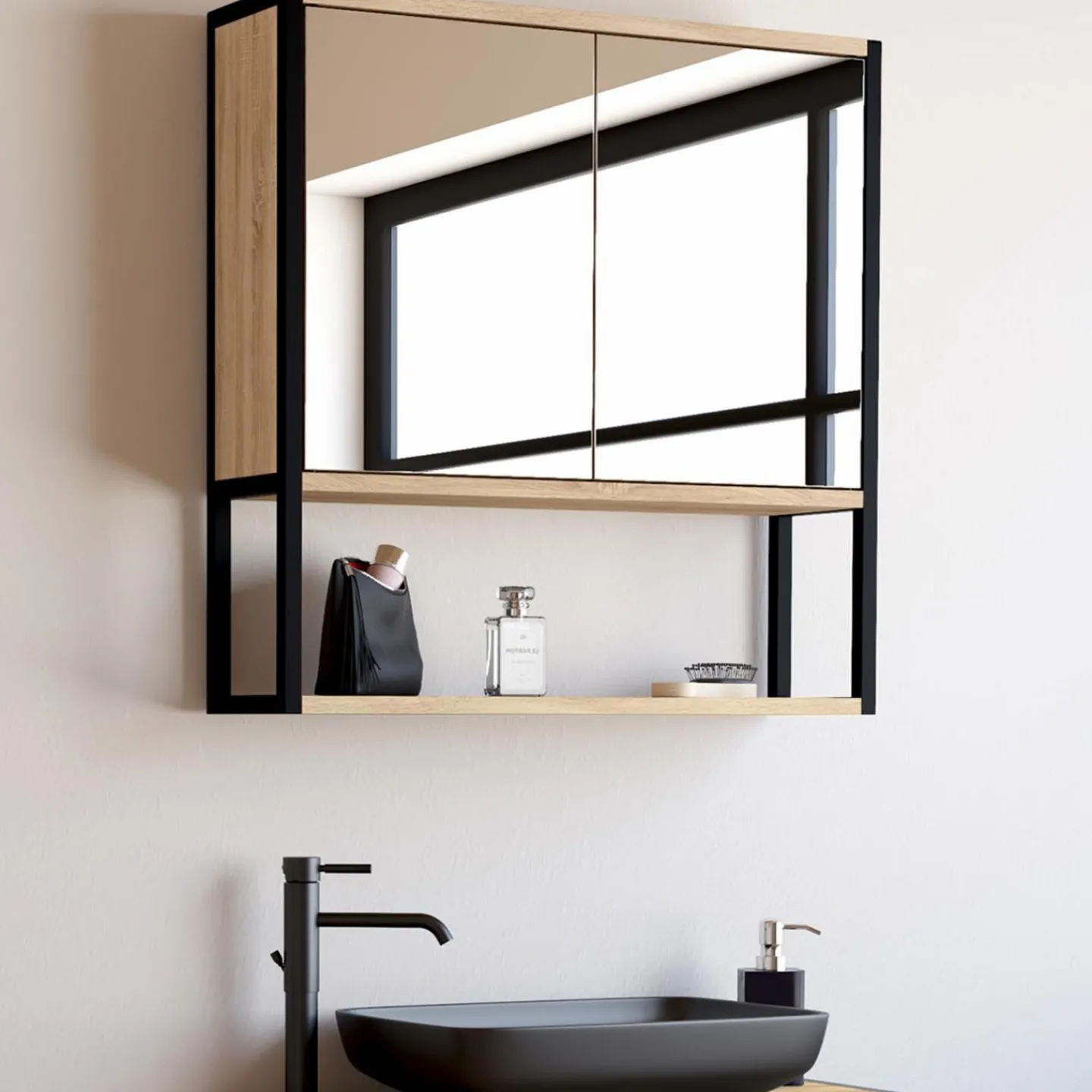 Meuble salle de bain suspendu métal et bois*IDMarket Online