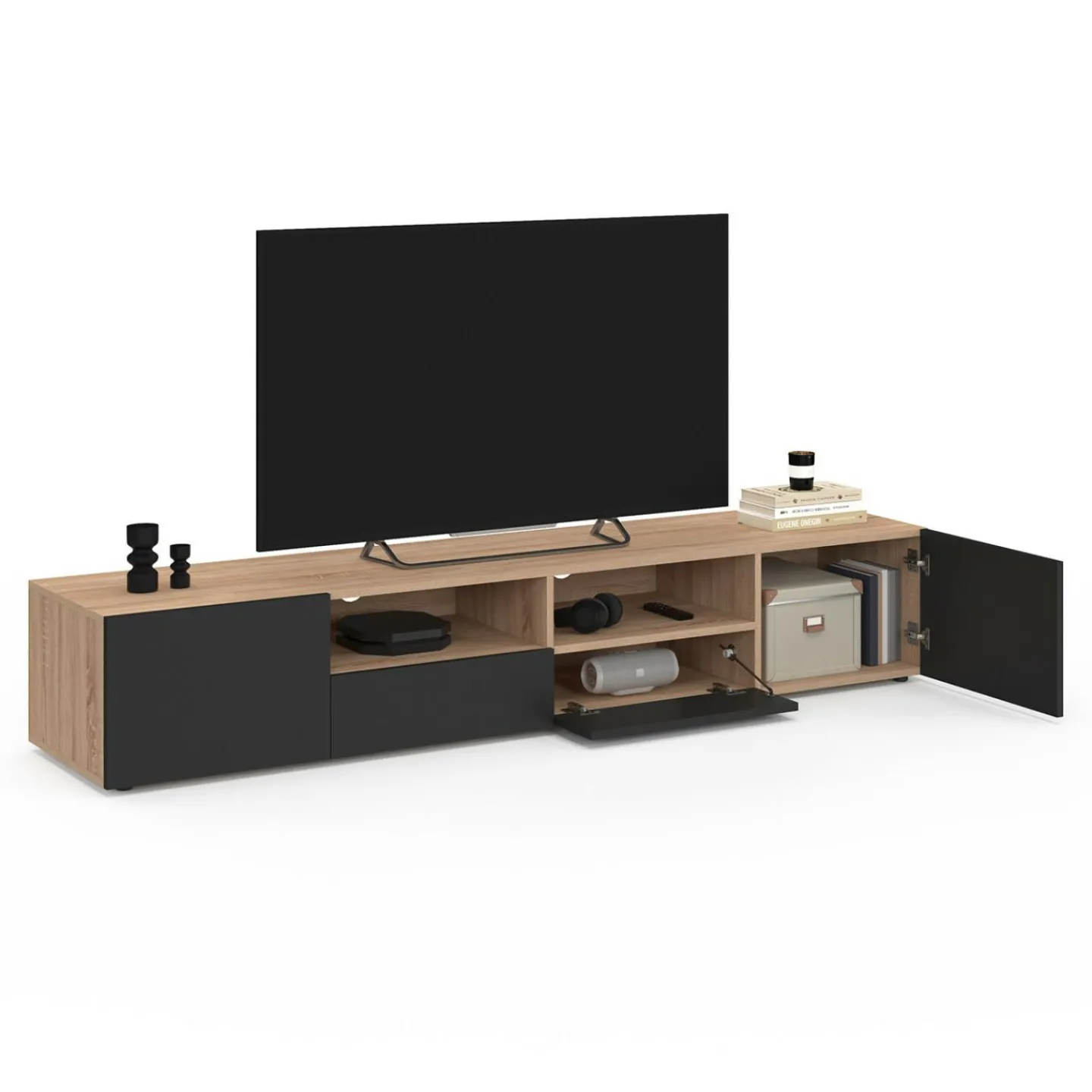 Meuble télé 180 cm noir et bois façon hêtre avec rangement*IDMarket Best