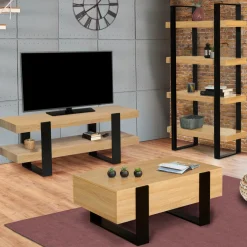 Meuble télé design noir et bois avec double plateau*IDMarket Best