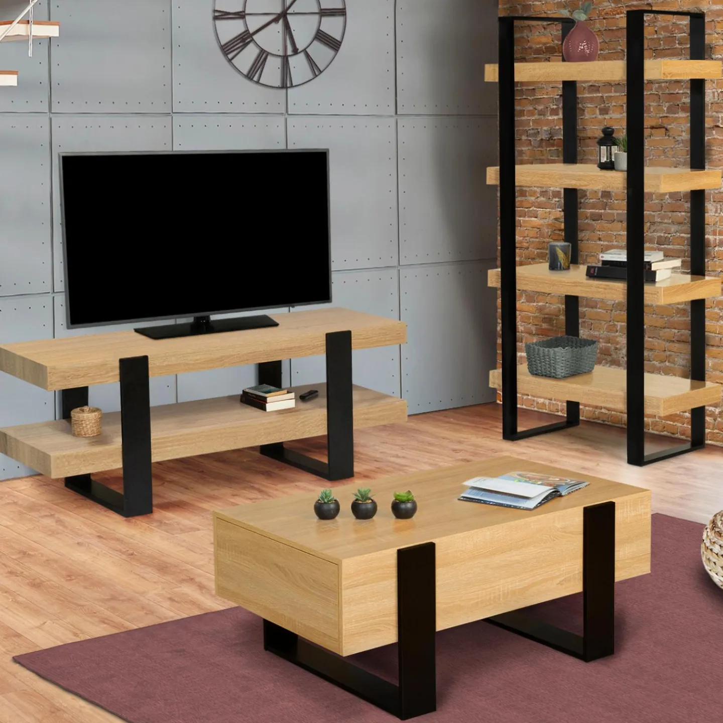Meuble télé design noir et bois avec double plateau*IDMarket Best