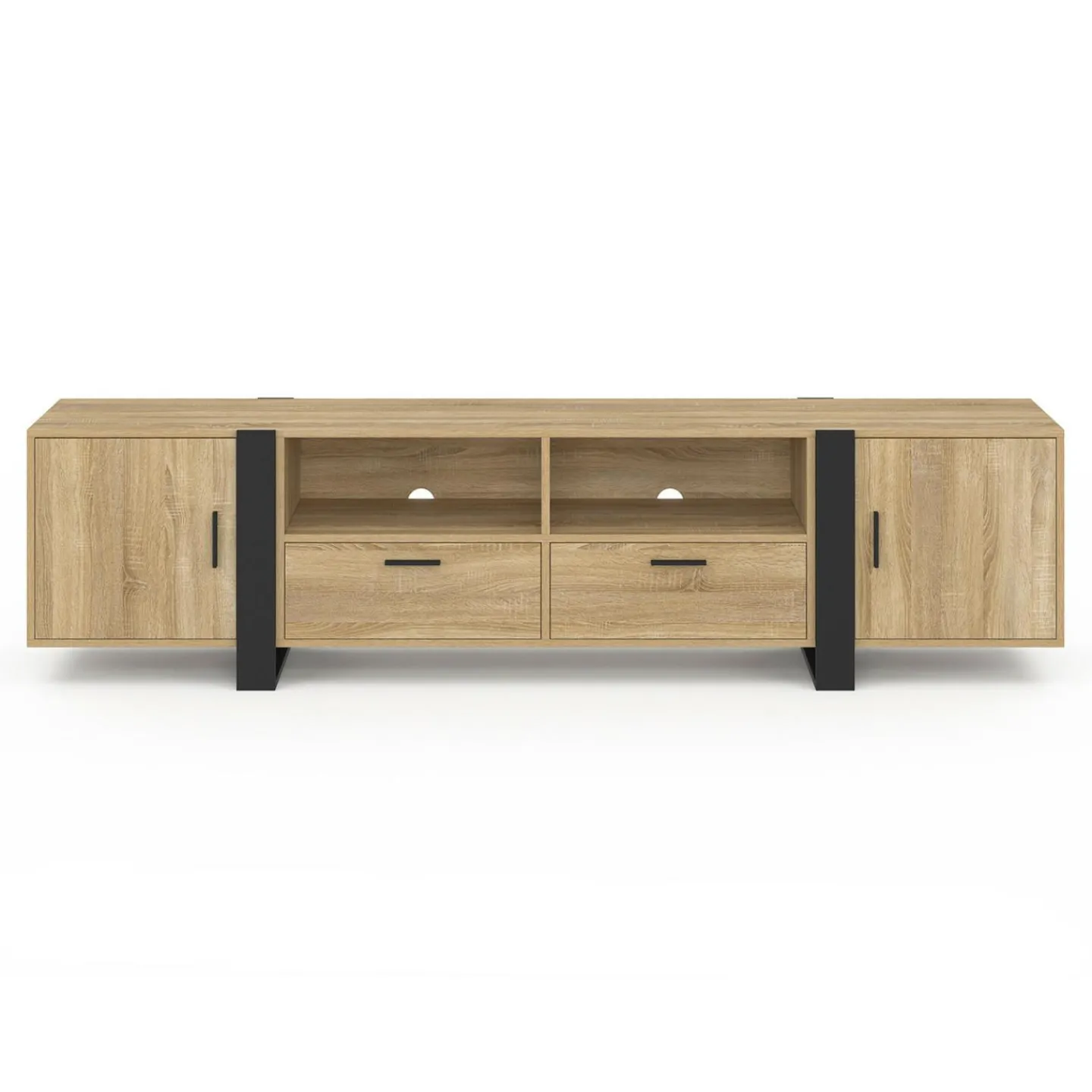 Meuble TV 200 cm 2 portes 2 tiroirs bois et noir*IDMarket Best