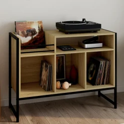 Meuble vinyle, buffet de rangement 100cm bois et noir design industriel*IDMarket Outlet