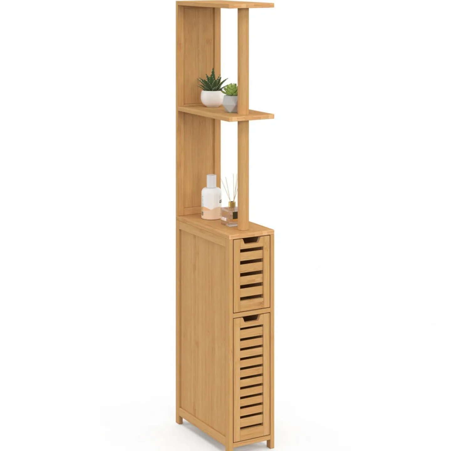 Meuble WC en bambou avec 2 portes et étagères*IDMarket