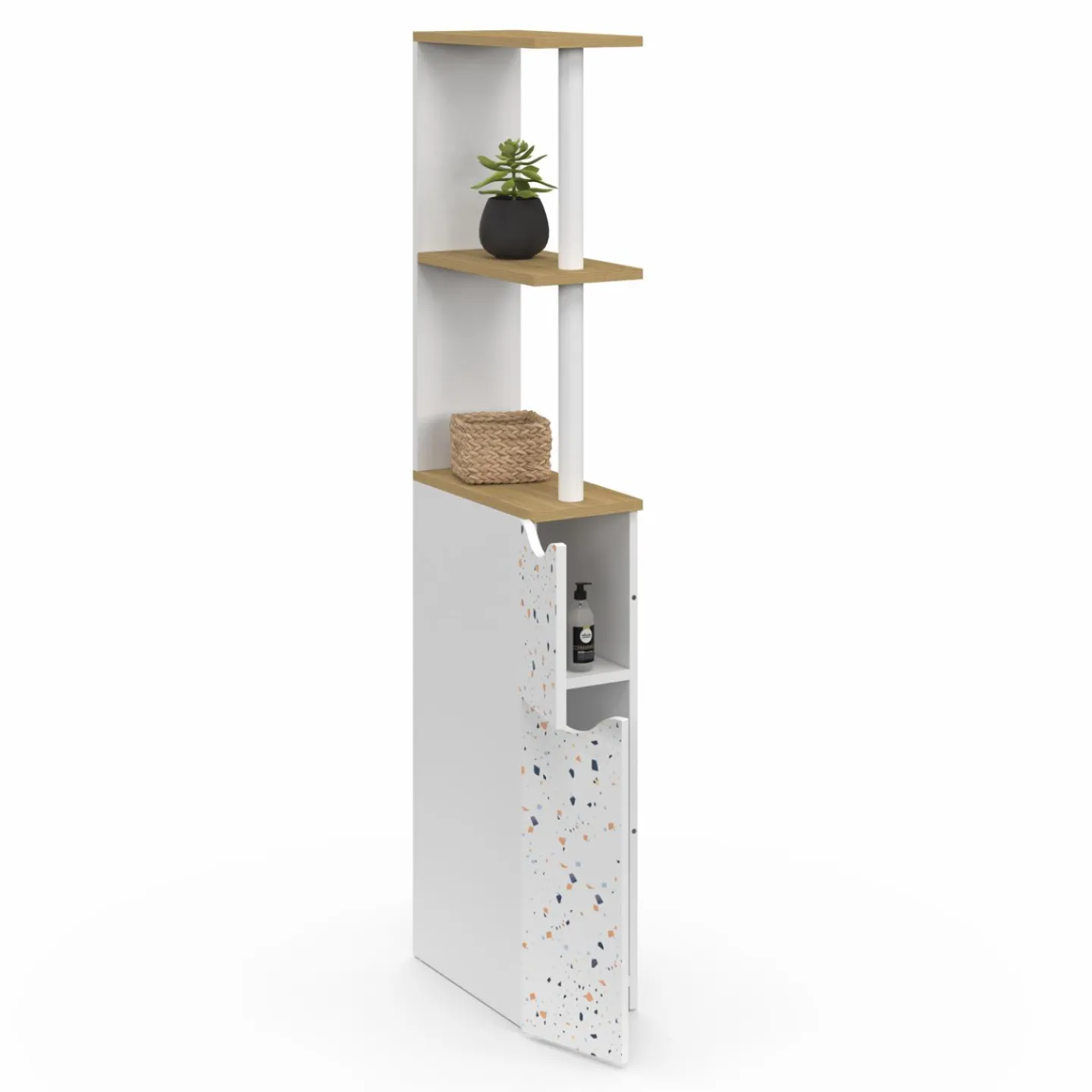 Meuble WC étagère hêtre et motif terrazzo avec 2 portes*IDMarket New