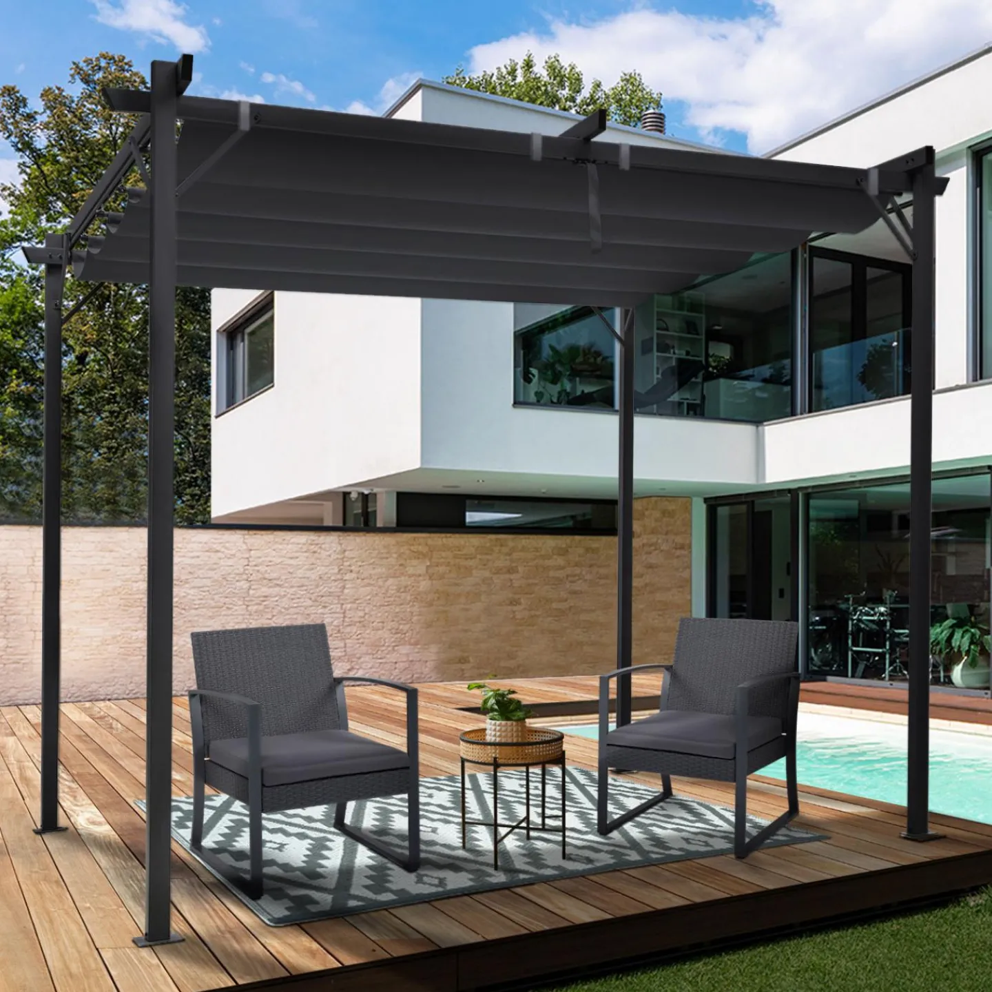 Pergola 3x3 m toit rétractable gris anthracite et stores enrouleurs*IDMarket Best