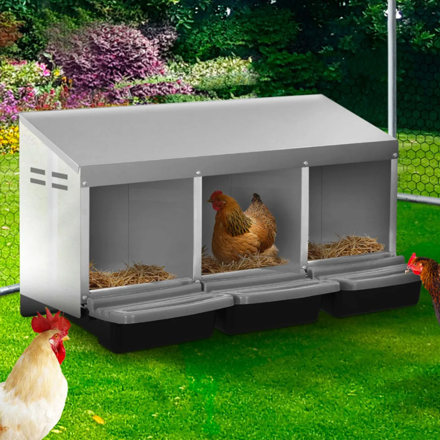 Pondoir pour poules 3 emplacements en métal nichoir avec fond*IDMarket