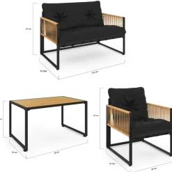 Salon de jardin bas 4 places acier noir, cordage rotin clair et coussins noir*IDMarket Discount