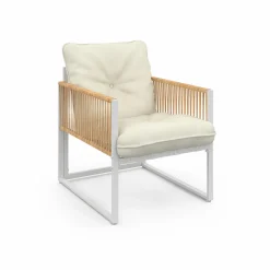 Salon de jardin bas 4 places acier blanc, cordage rotin clair et coussins beige*IDMarket