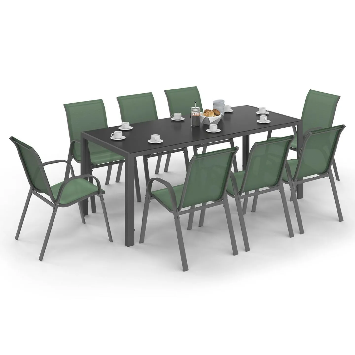 Salon de jardin vert olive avec table 190 cm et 8 chaises empilables*IDMarket Sale