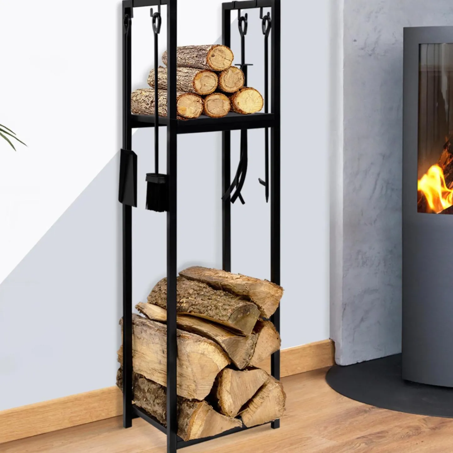 Serviteur range bûche intérieur en acier noir*IDMarket Online