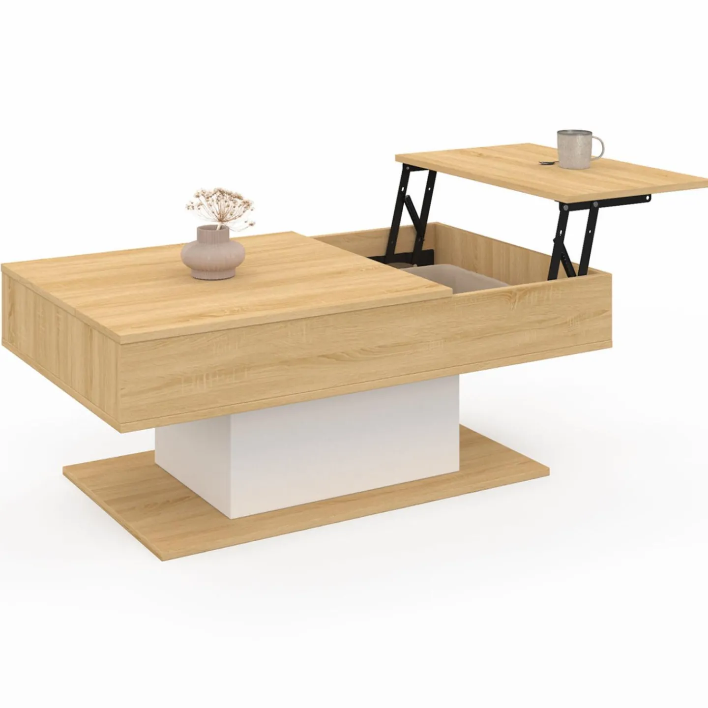 Table basse 2 plateaux relevables bois et blanc*IDMarket Sale