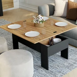 Table basse plateau relevable rectangulaire bois noir et imitation hêtre*IDMarket Best