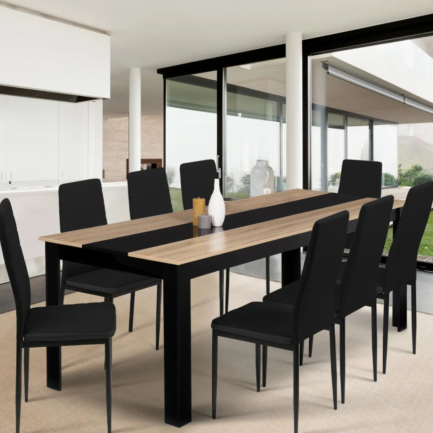 Table de salle à manger noire et imitation hêtre 8 personnes*IDMarket Hot