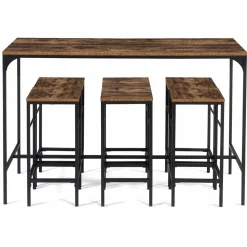 Table haute avec 6 tabourets bois effet vieilli*IDMarket