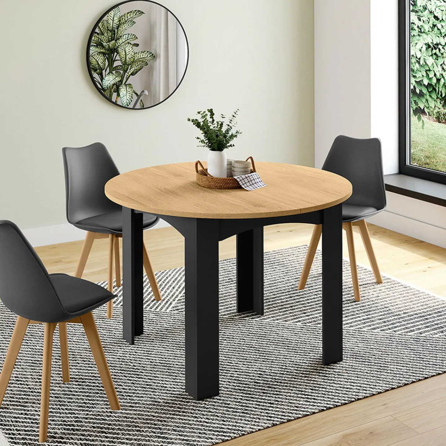 Table ronde extensible 110-200 cm 4-10 personnes plateau façon hêtre pieds noirs*IDMarket Sale