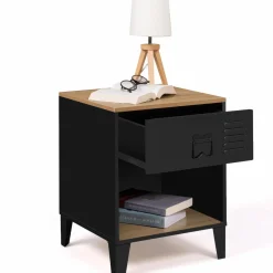 Tables de chevet noires bois façon hêtre et métal style industriel*IDMarket Outlet