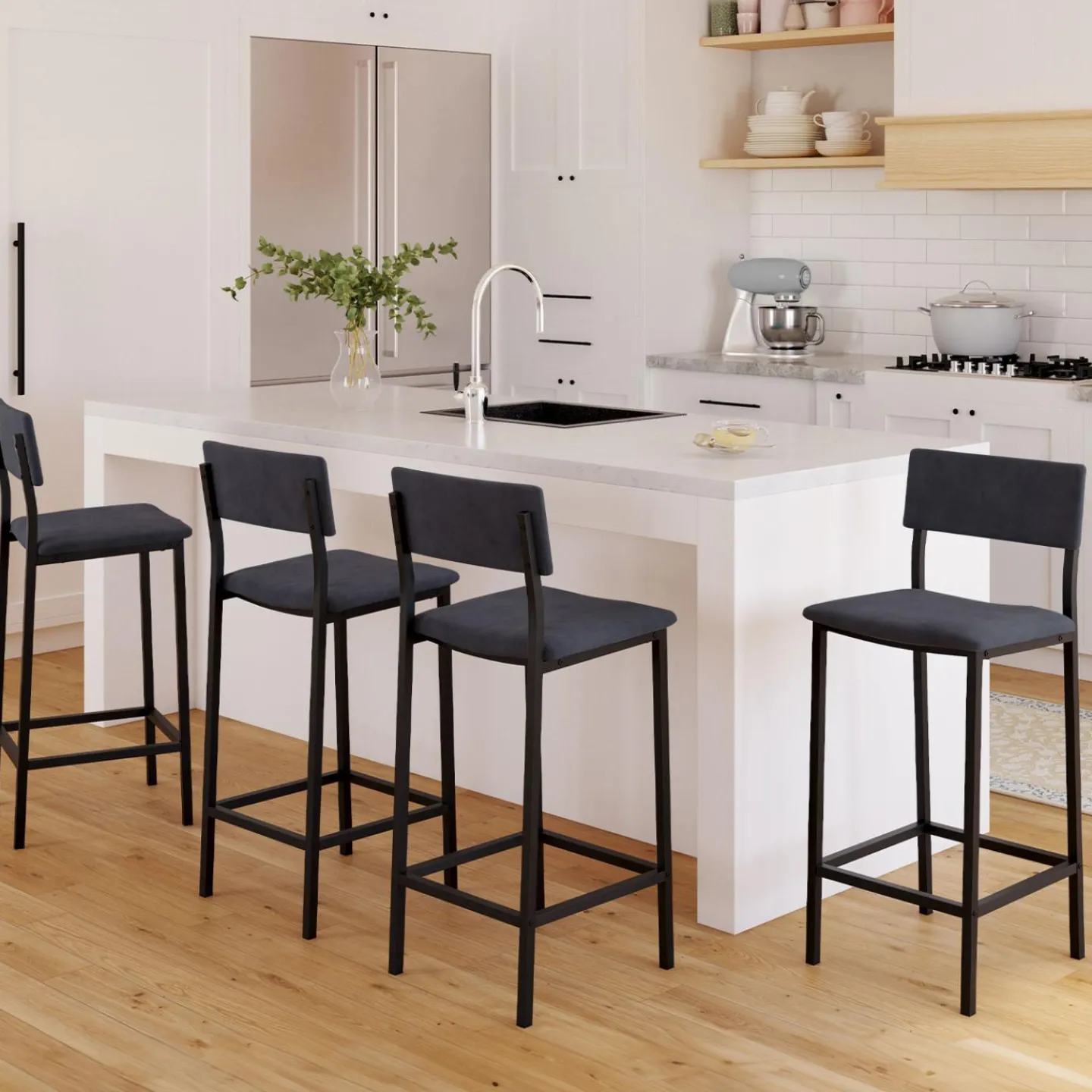 Tabourets de bar en velours et métal gris anthracite : lot de 4*IDMarket