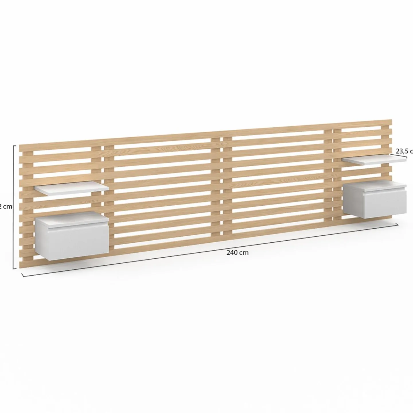 Tête de lit 240 cm en lattes de bois avec chevets et étagères blanches*IDMarket Clearance