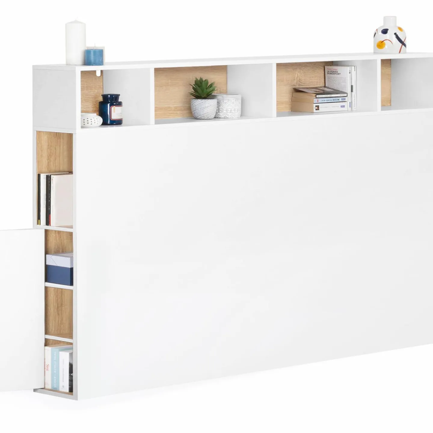 Tête de lit avec rangement intégré 165 cm blanc et bois façon hêtre*IDMarket Best