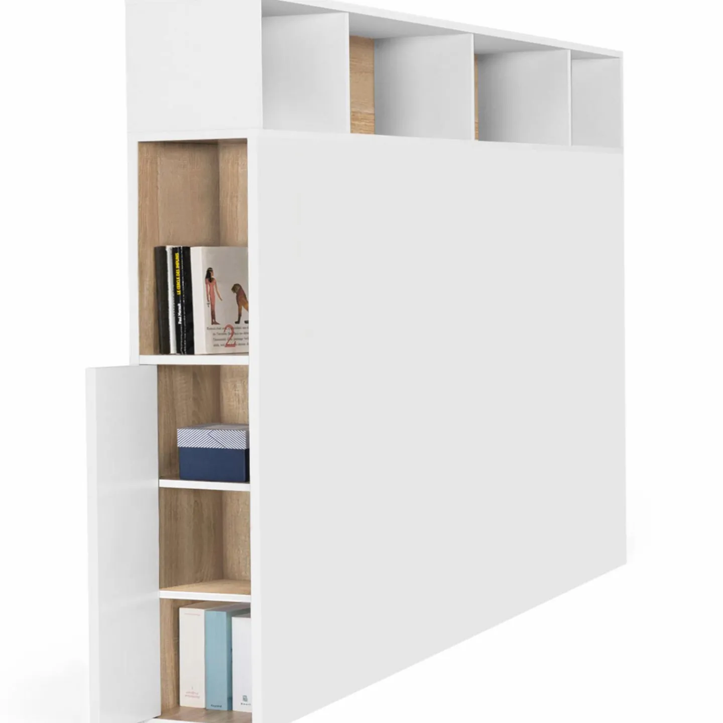 Tête de lit avec rangement intégré 165 cm blanc et bois façon hêtre*IDMarket Best