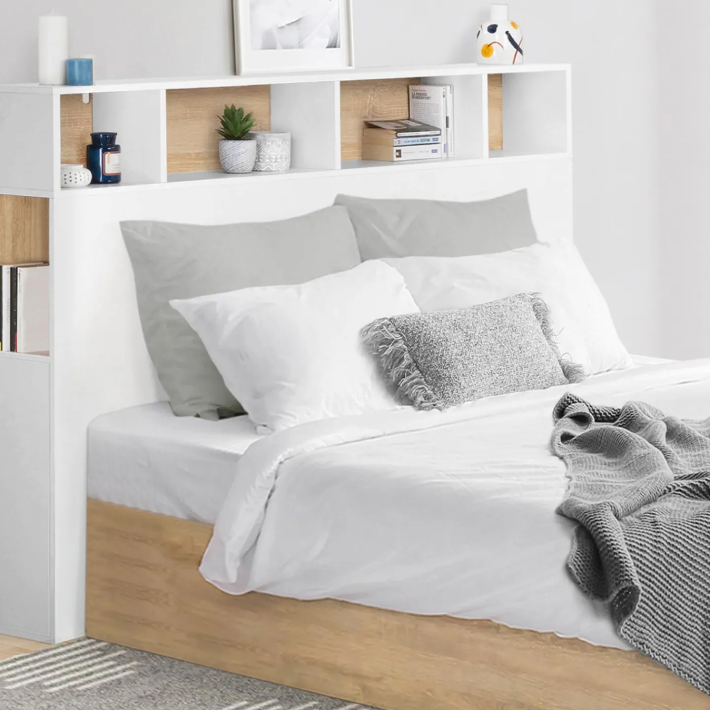 Tête de lit avec rangement intégré 165 cm blanc et bois façon hêtre*IDMarket Best