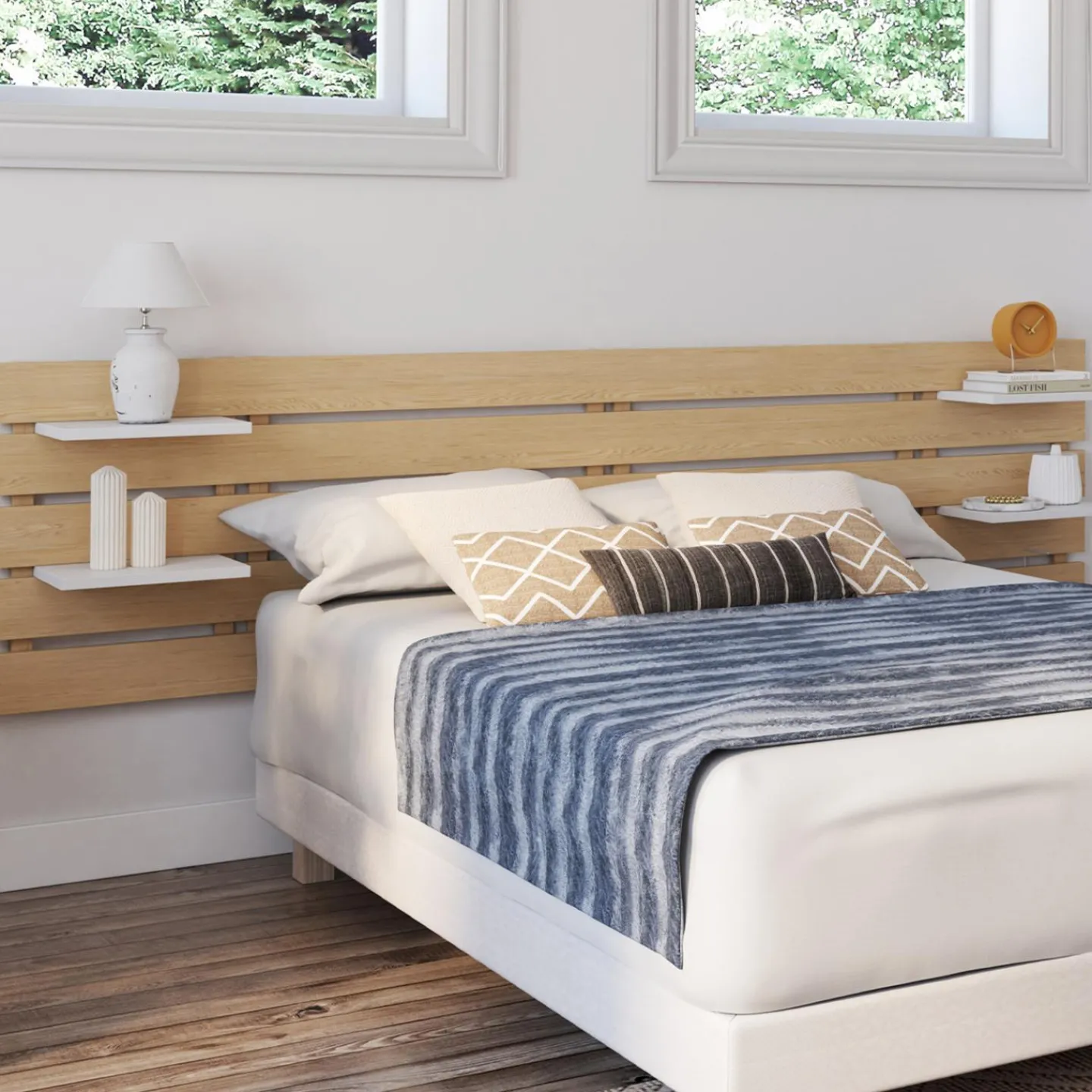 Tête de lit bois clair étagères blanches 5 larges lattes 240 cm*IDMarket