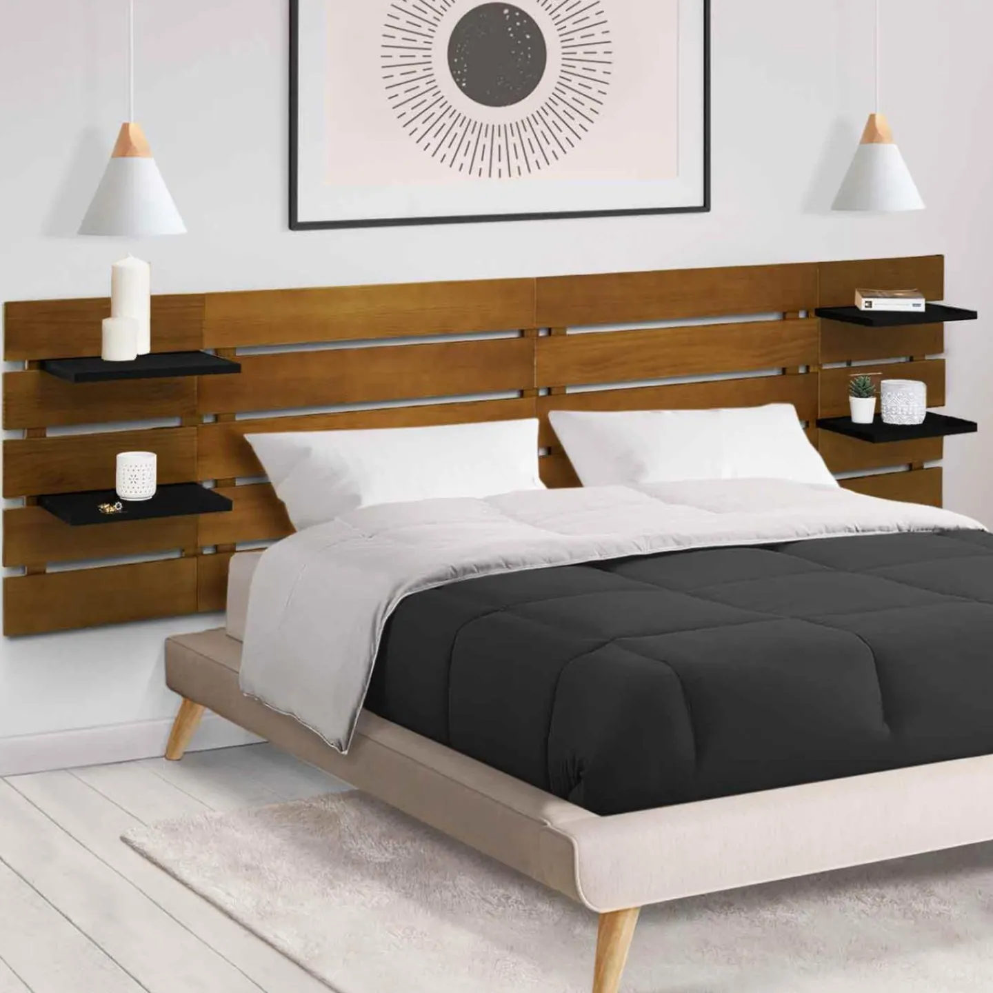 Tête de lit bois vieilli étagères noires 5 larges lattes 240 cm*IDMarket Hot