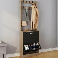 Vestiaire d'entrée meuble chaussures 2 portes effet bois et noir*IDMarket Sale